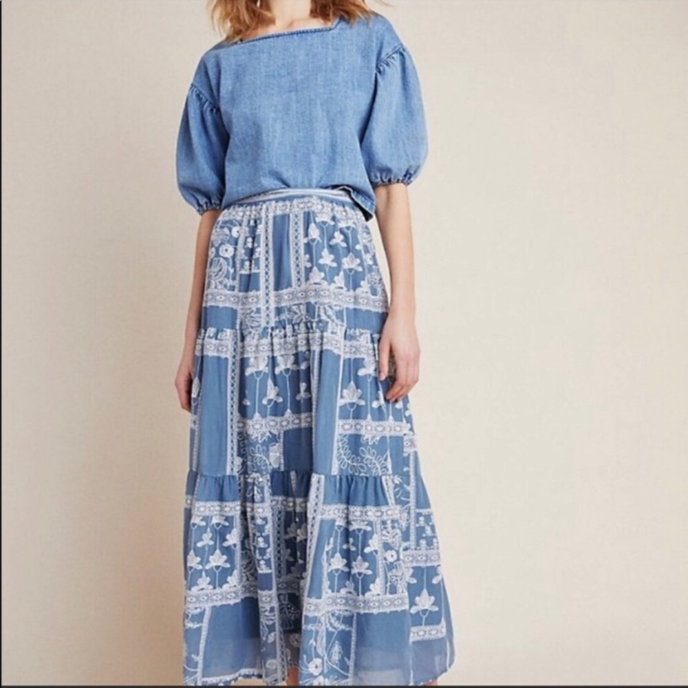 Anthropologie Maeve Ariadne blue maxi embroidered skirt